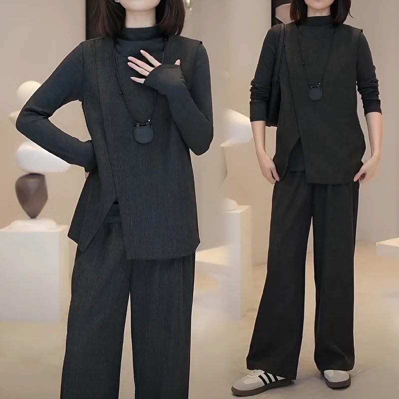 高级感时尚套装女士春秋新款气质马甲长袖打底衫阔腿裤休闲三件套