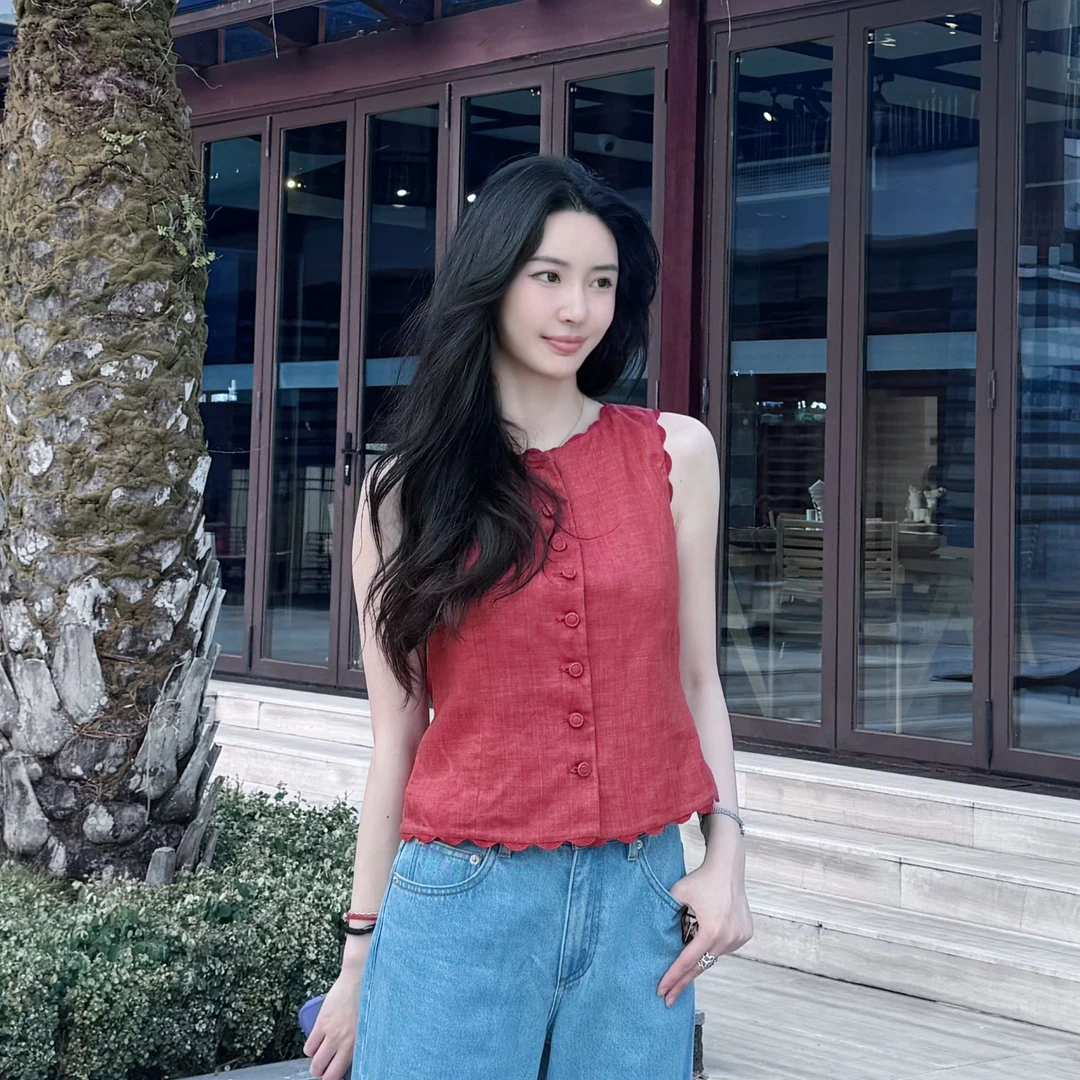 菠萝宝宝yuna【听澜】春夏薄款休闲花边100亚麻红色梭织马夹女YD25