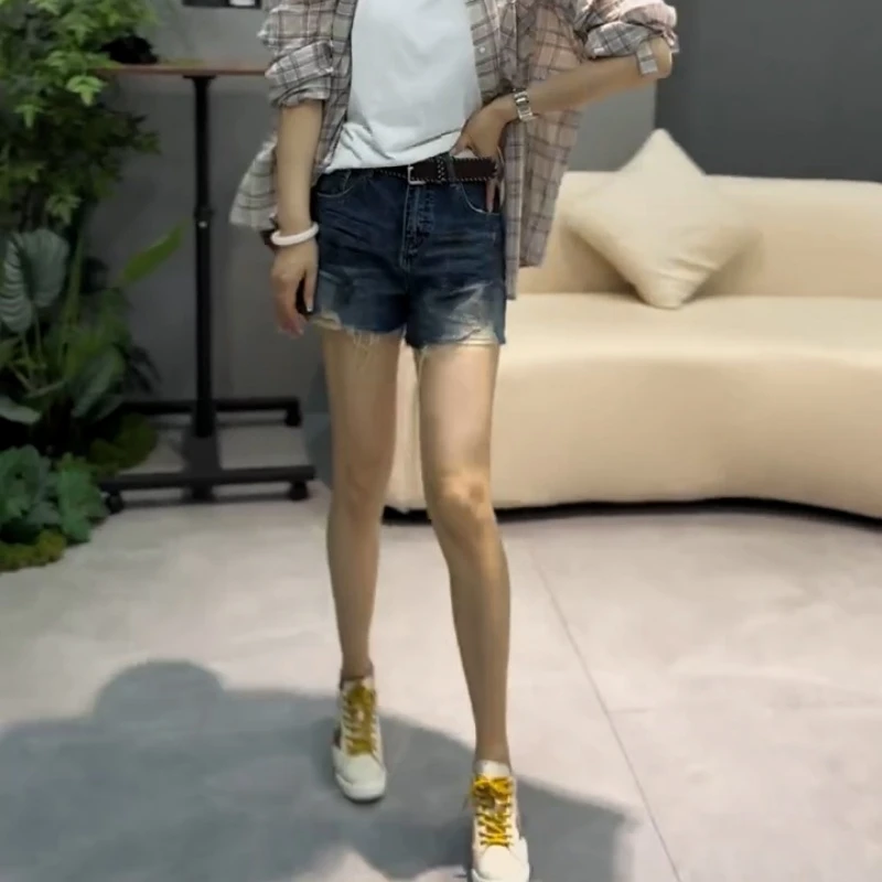 美式复古高腰破洞牛仔短裤女2025夏季新款时尚百搭宽松显瘦阔腿裤