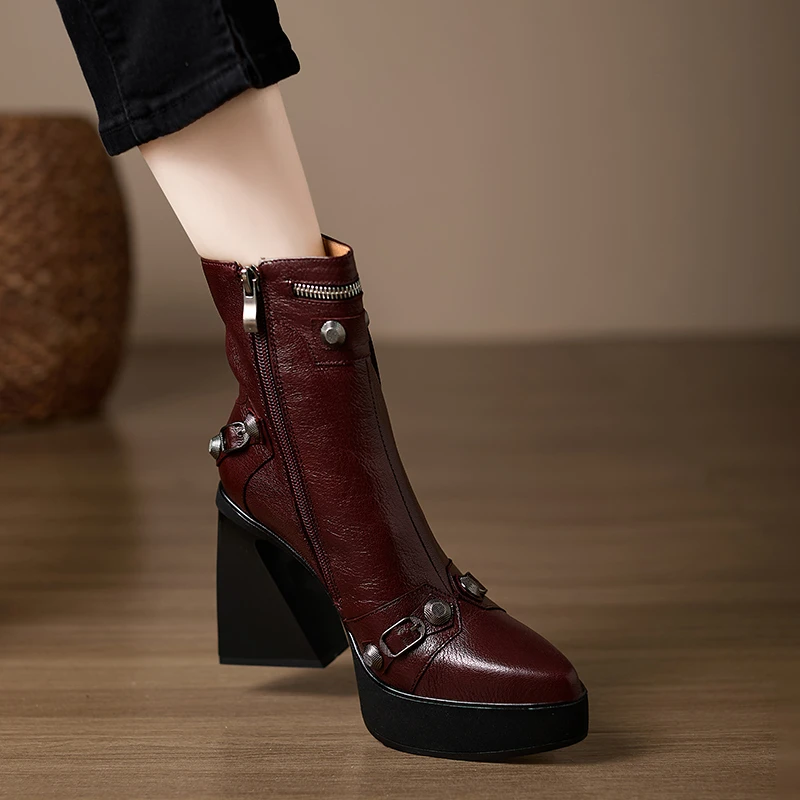 小个子手工女鞋10.3cm~防水台高跟鞋粗跟短靴秋冬新款简约时装靴