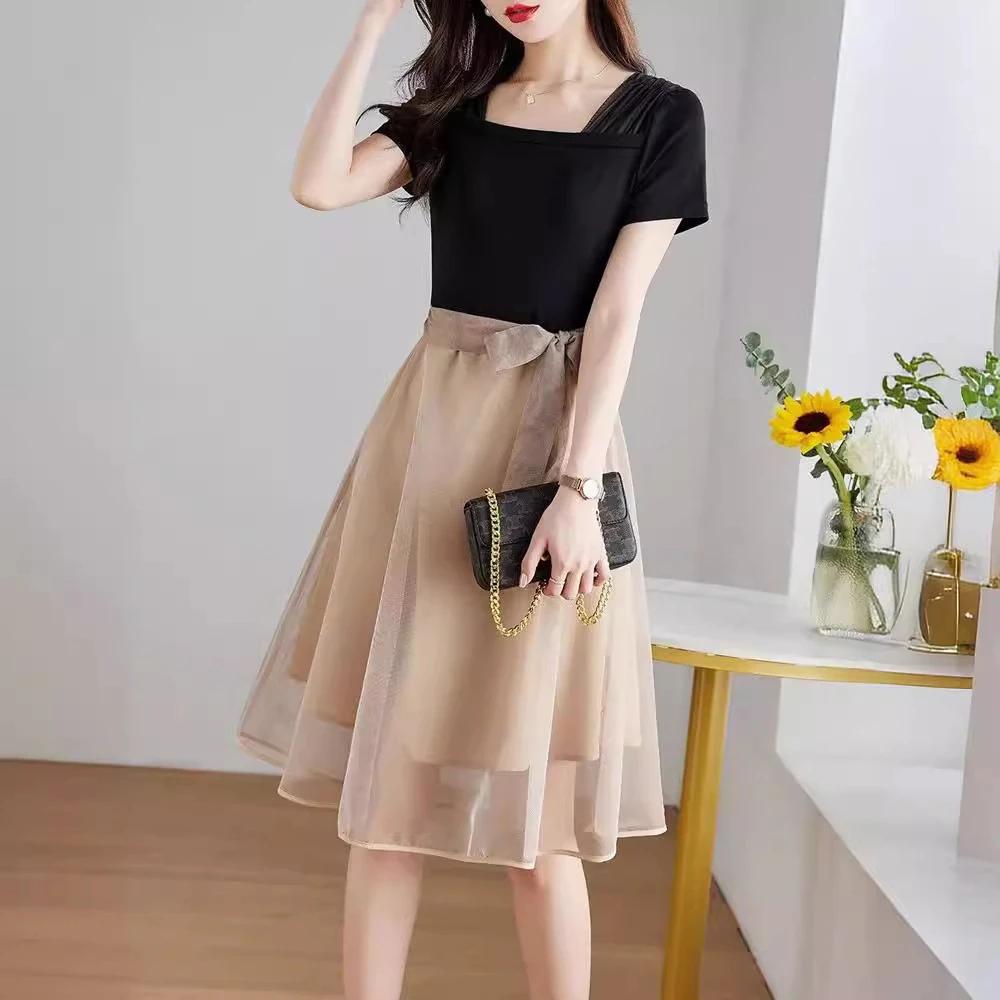 假两件拼接款女生裙子夏季连衣裙2024夏天新款法式修身显瘦裙子