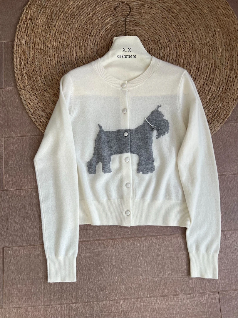 100%山羊绒【圣诞小狗】奶乎乎灰雾雪纳瑞 圆领开衫女秋冬针织