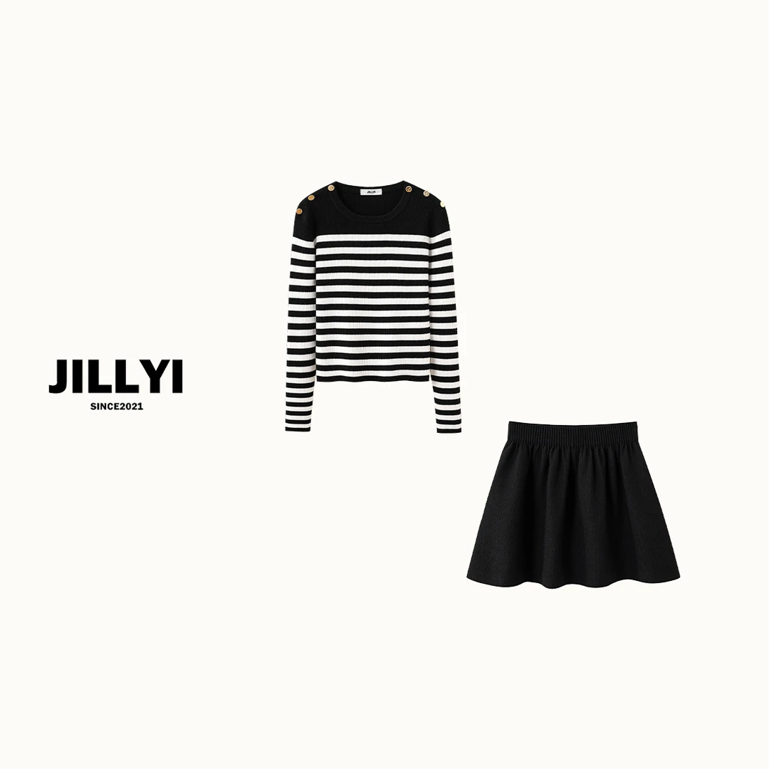 JILLYI南山店【限定条纹】+【奶油泡芙】黑白条纹上衣+黑色半裙时尚套