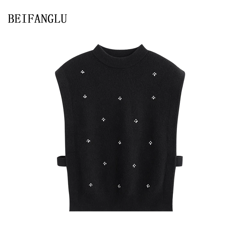 北方鹿 品牌2025早春系列！绵羊毛气质水钻圆领百搭针织马甲女8010