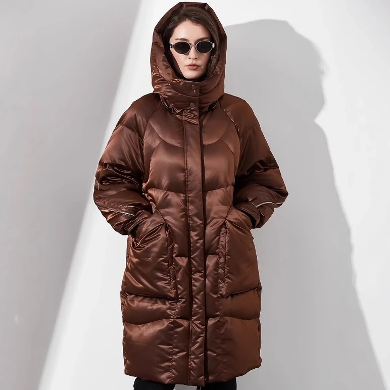 四月初九加大码女装胖MM2024冬锦华缎面质感中长款羽绒服外套多色