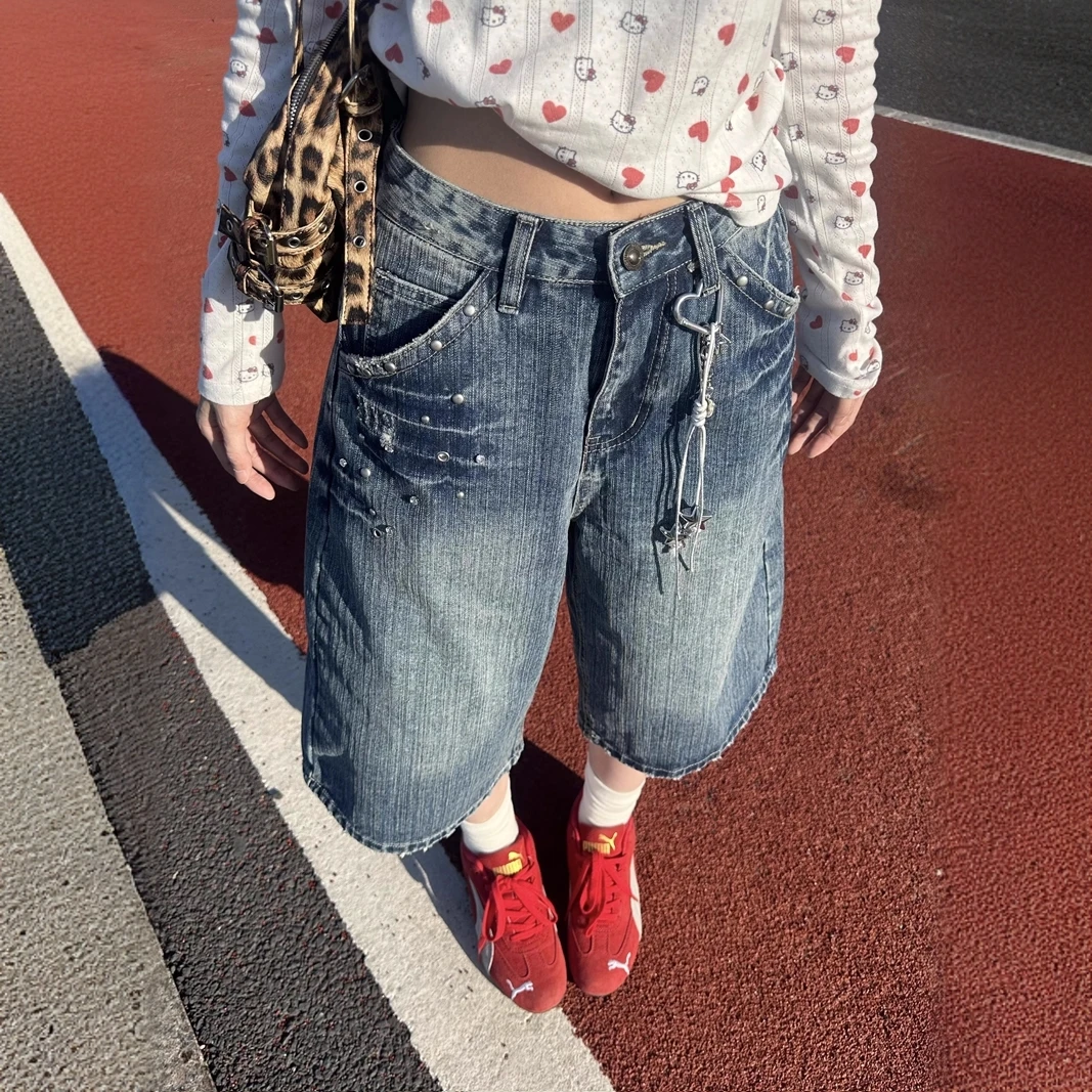 大码美式复古宽松镶钻竹节纹牛仔七分裤女夏季高街cleanfit短裤潮