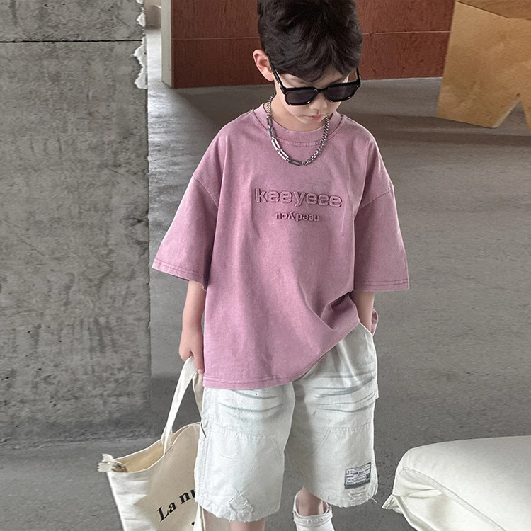 儿童夏季韩版粉色T恤凸出字母短袖夏天洋气半袖潮T印花男童中小童