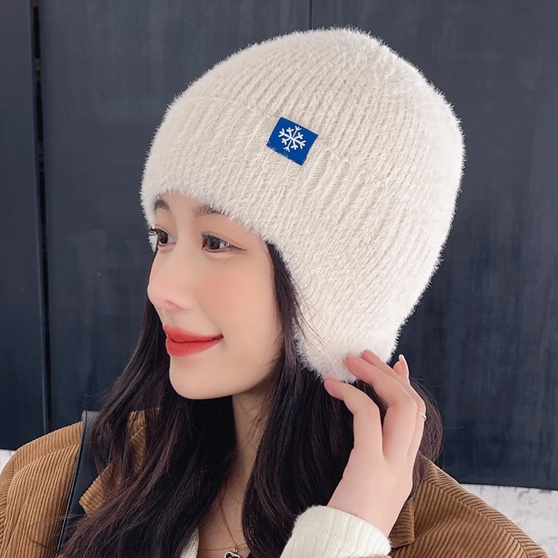加绒护耳针织毛线帽子女秋冬季户外保暖套头帽骑车防寒加厚包头帽