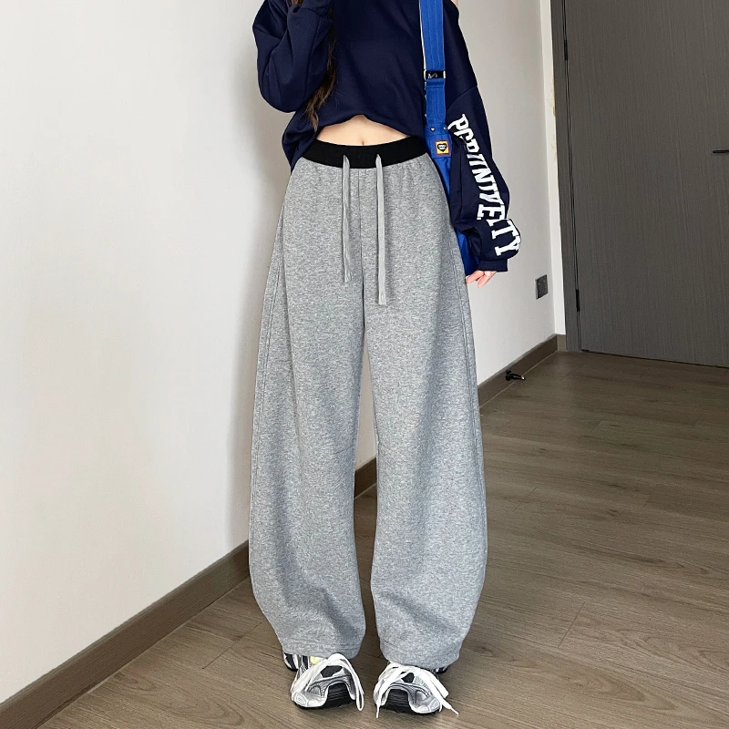 【奥粒绒】灰色卫裤子加厚加绒运动裤女冬季2025款休闲裤高腰弯刀裤