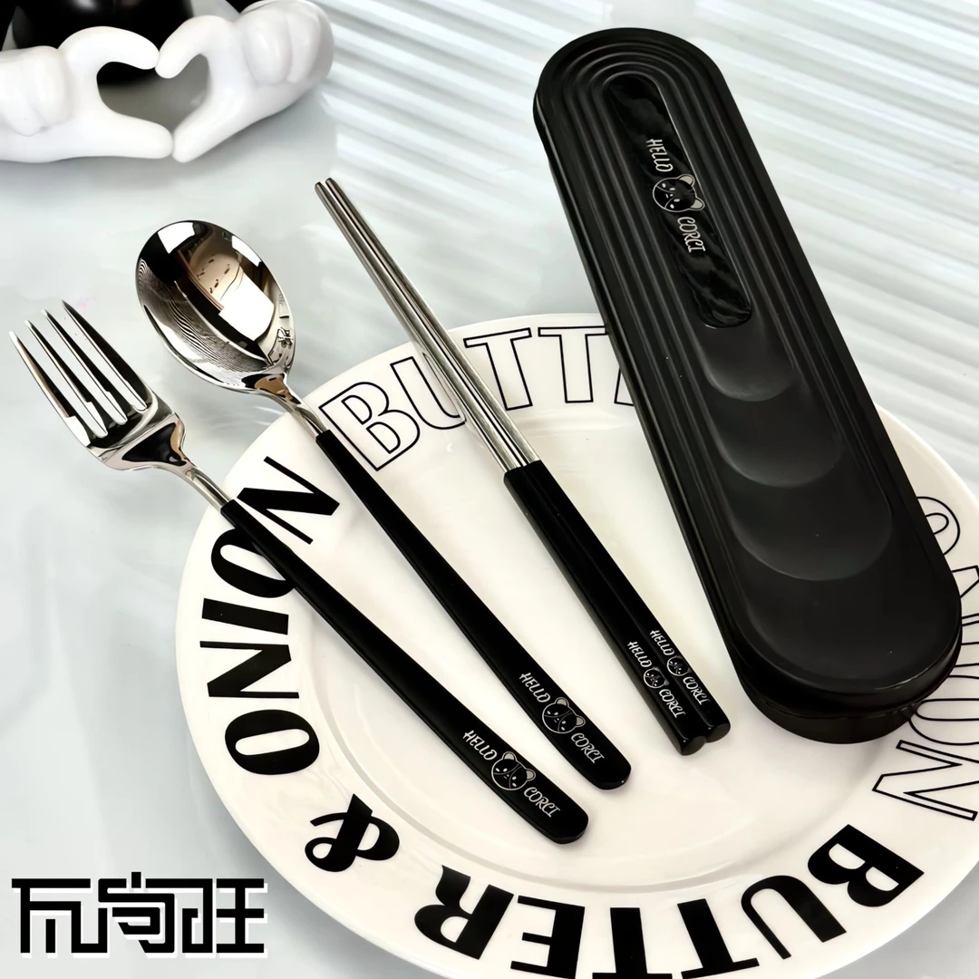 瓦尚旺可爱卡通勺子叉子筷子三件套学生上班收纳盒便携抗菌餐具盒