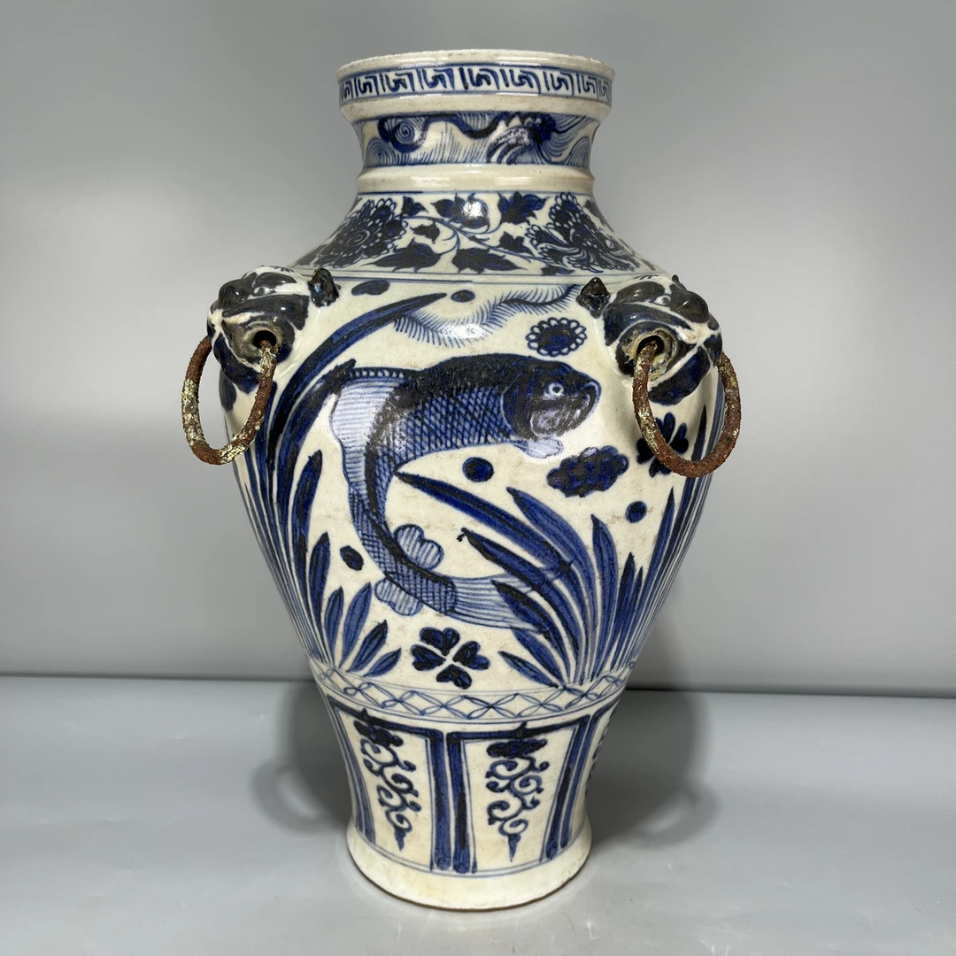 当代仿制 仿古青花缠枝莲鱼藻纹兽头罐