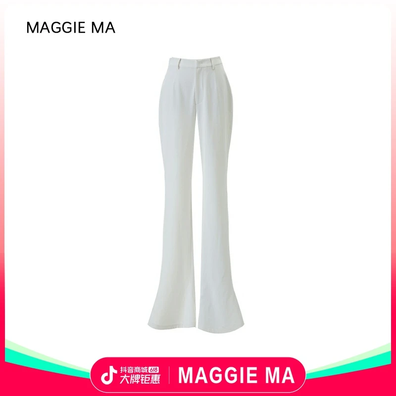 MAGGIE MA马婧设计师款奶白色百搭微喇叭长裤职业薄款西装裤262P