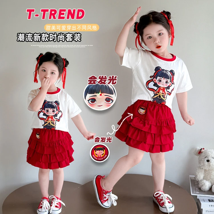 哪吒短袖蛋糕裙女童卡通印花双灯哪吒套装夏季2025新款两件套