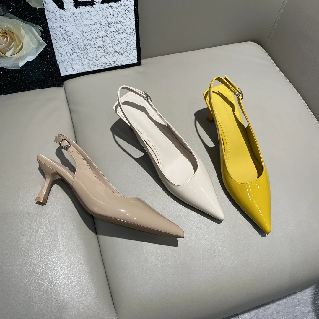 F6910-16漆皮细跟高跟鞋胶粘细跟尖头包头单鞋性感风一字带夏季