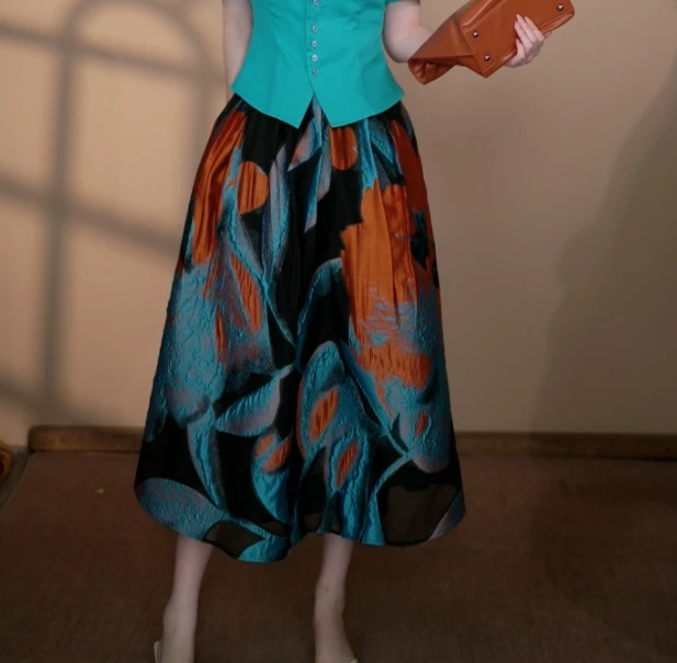 小井定制私服【】夏季新款印花黑底蓝橙色赫本风伞裙J25W508