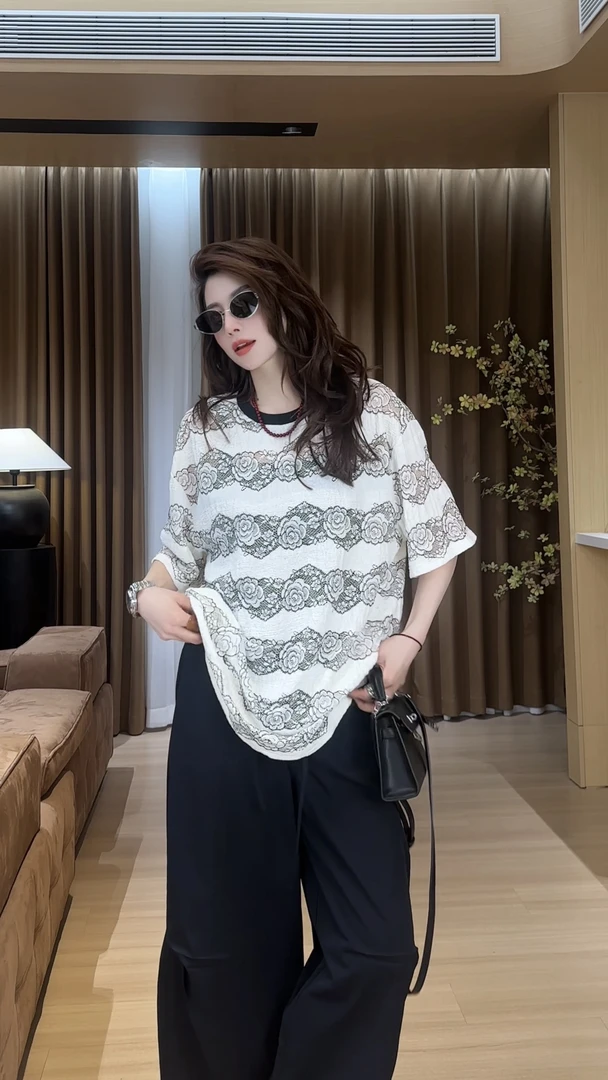 YYOUHAN 2025夏款小众设计极简风前后满绣镂空T恤上衣 2504C1970