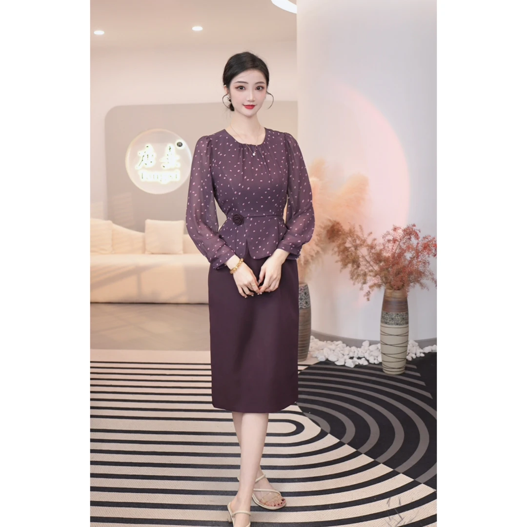 2025夏季新款【TX-7344】高定设计款优雅上下拼接紫色连衣裙