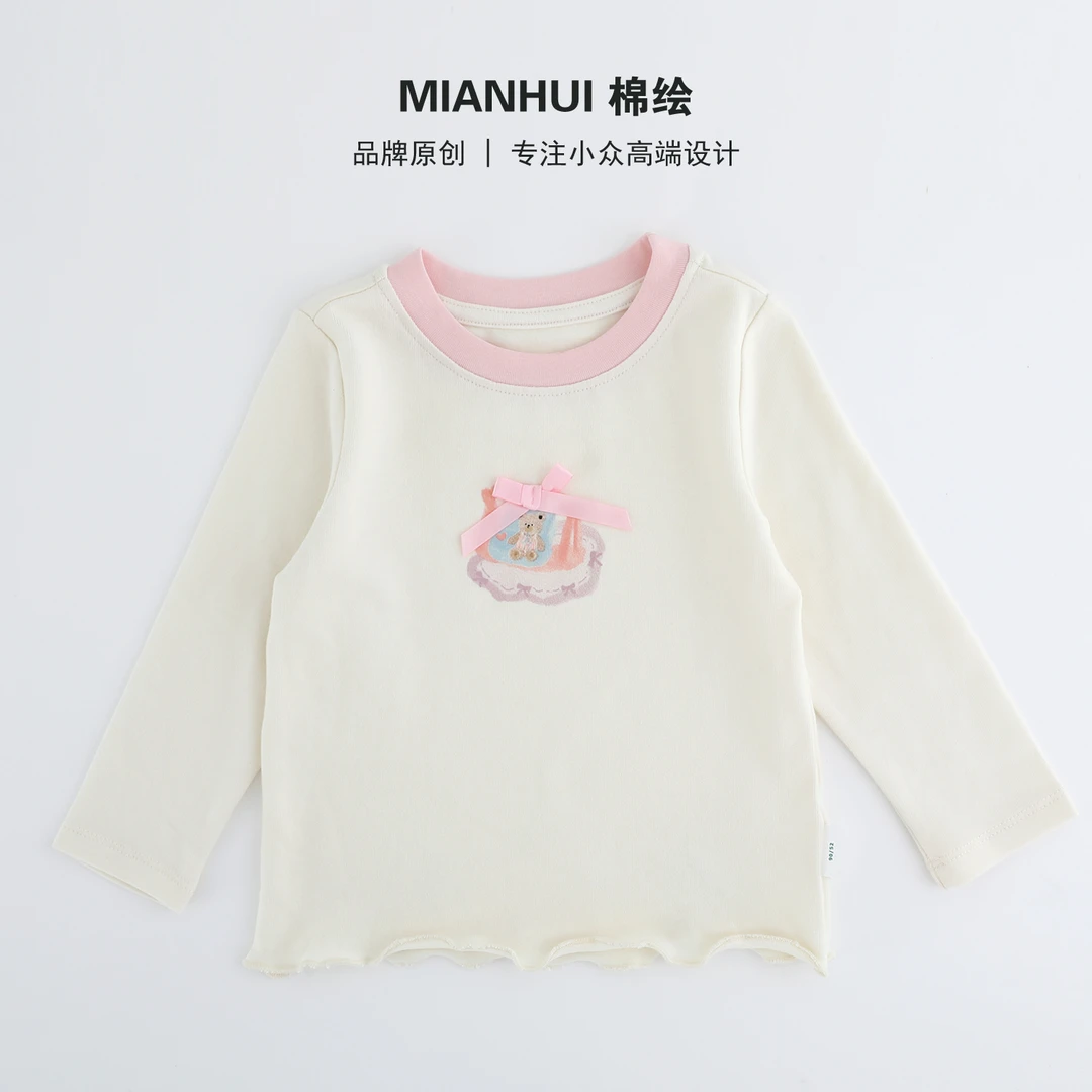 【新秋】【维尼礼物】女童春秋小熊蝴蝶结圆领白色长袖T恤35321014