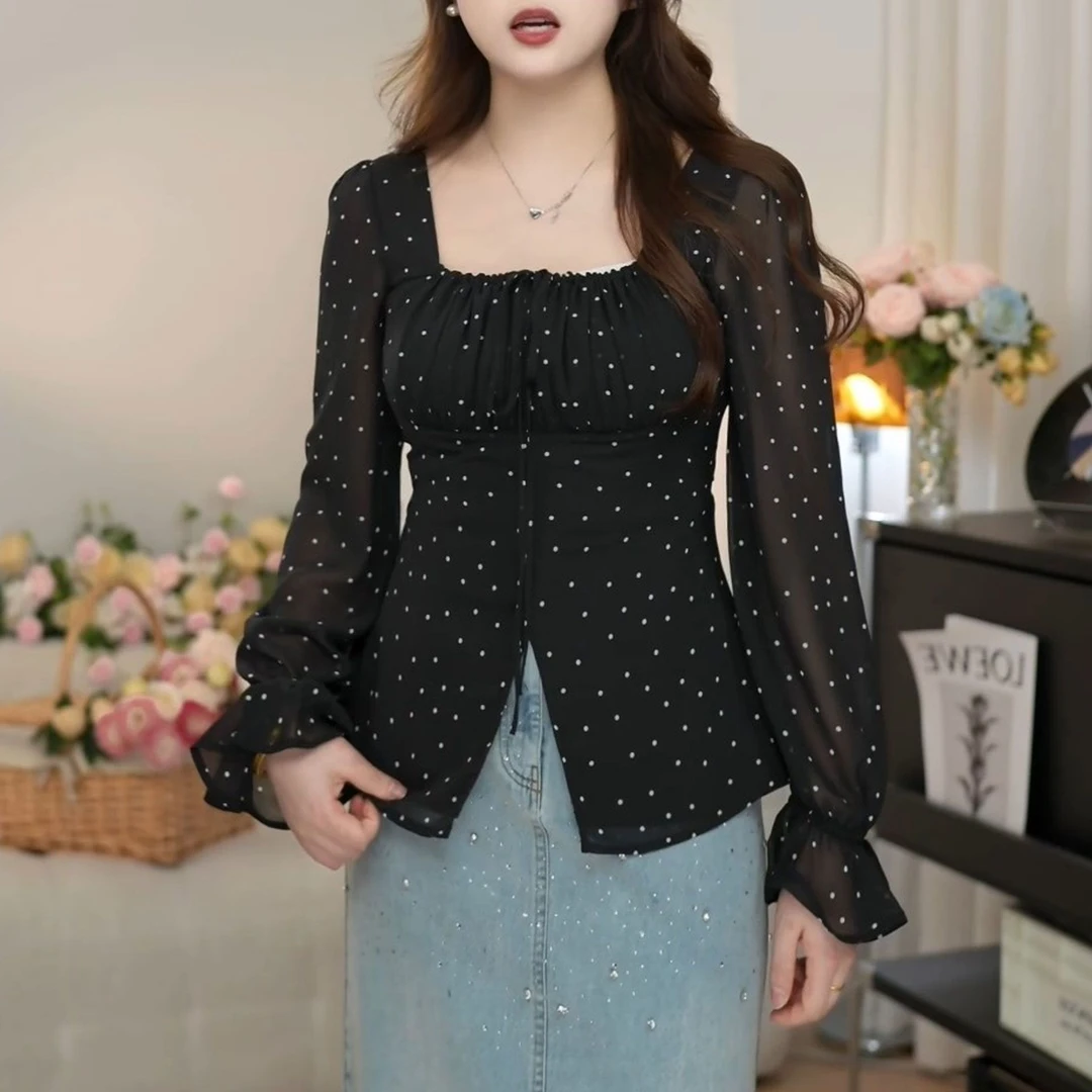 法式小众韩版波点小衫2025秋季新款设计感方口领遮肚显瘦长袖衬衫