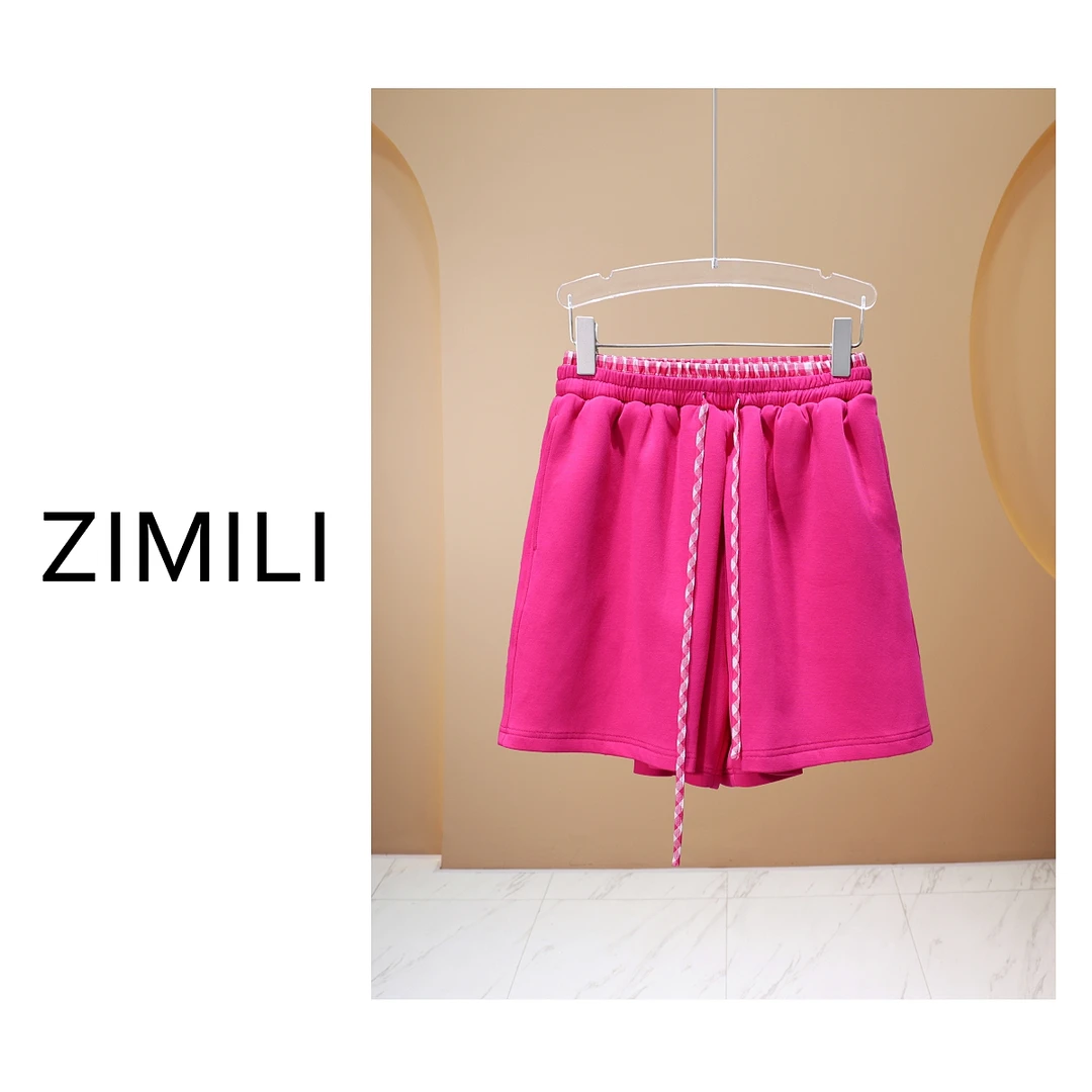 【亮哥女装】2025《霓裳》洋红色拼接双腰头高克重运动短裤7922-H3