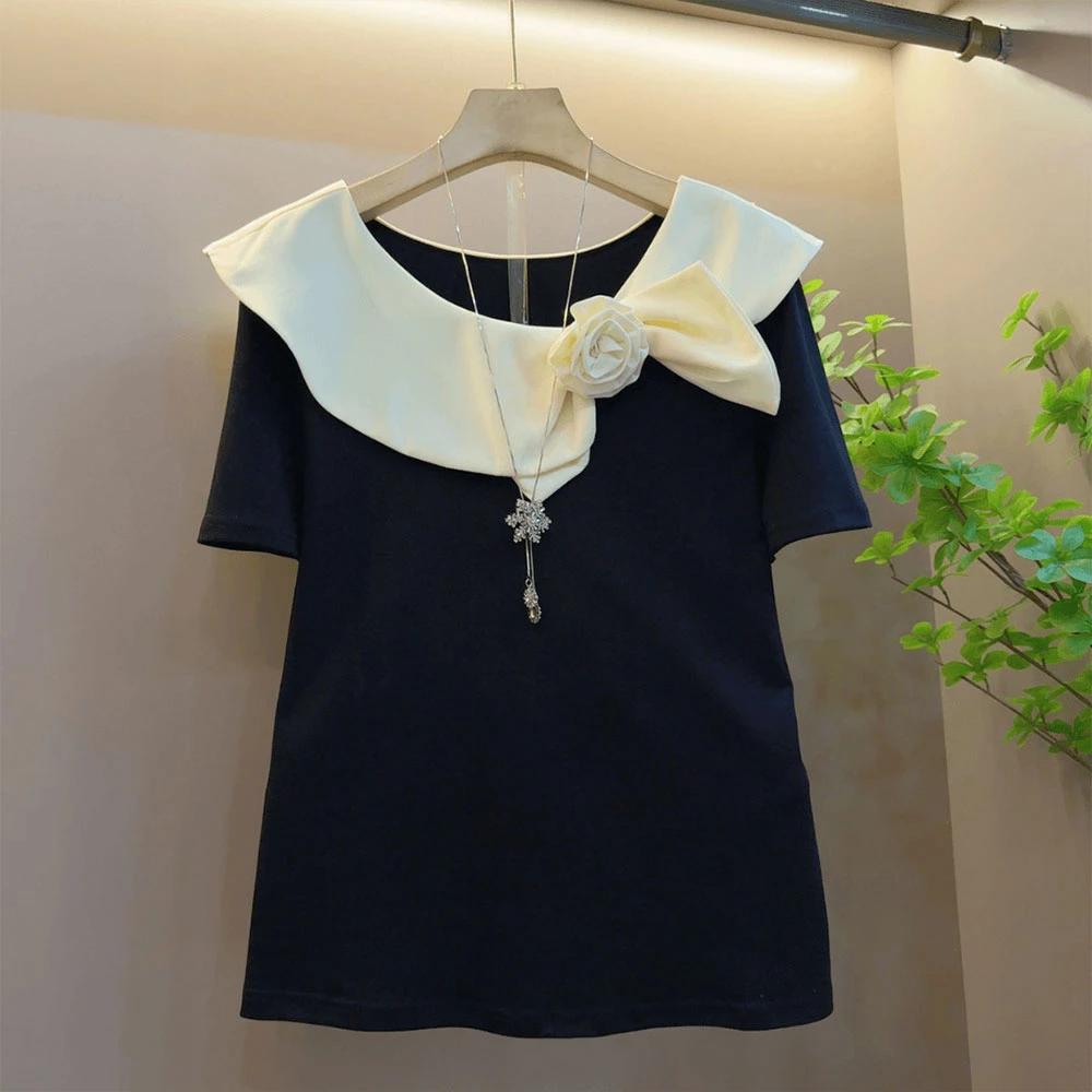 法式高级赫本风立体花朵短袖T恤女时尚款领口撞色设计感大码上衣