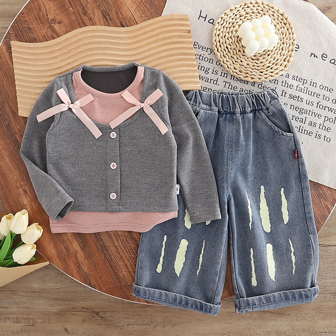 女童套装2025新款春秋季婴儿洋气蝴蝶结假两件宝宝小童衣服百搭潮