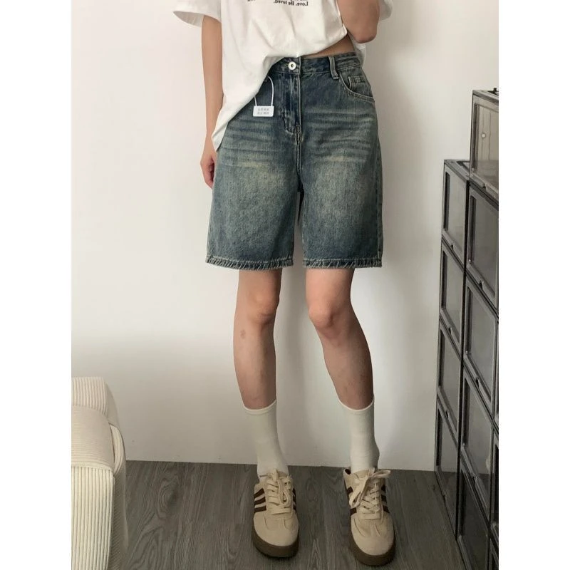 复古宽松直筒五分裤高腰牛仔裤女夏季新款美式高街辣妹高街中裤子