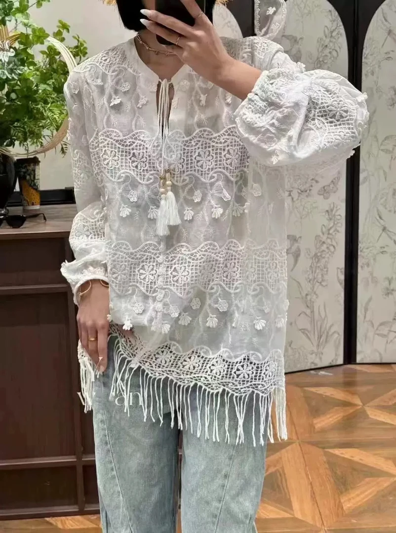 【6176】ED#时尚百搭流苏蕾丝宽松上衣