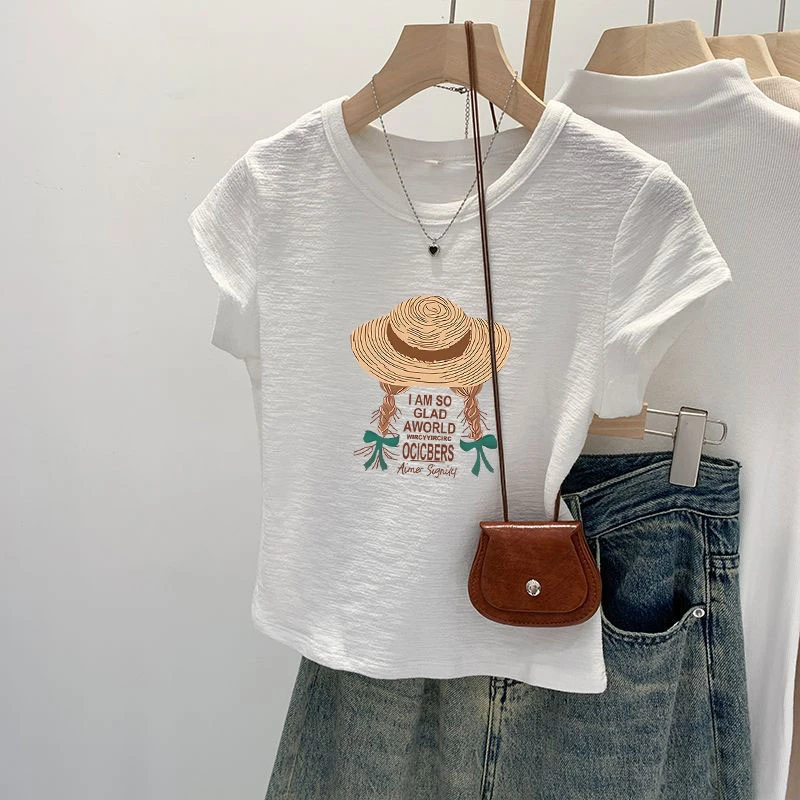 短款竹节棉2025夏季新款短袖小个子t恤女士高腰圆领大码白色上衣