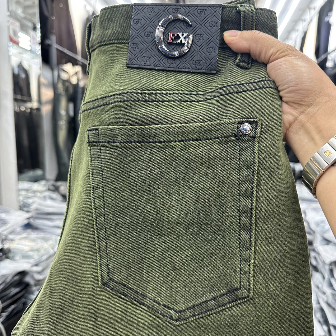 水洗长裤秋冬复古港风绿色中腰赤耳牛仔裤修身弹力男士