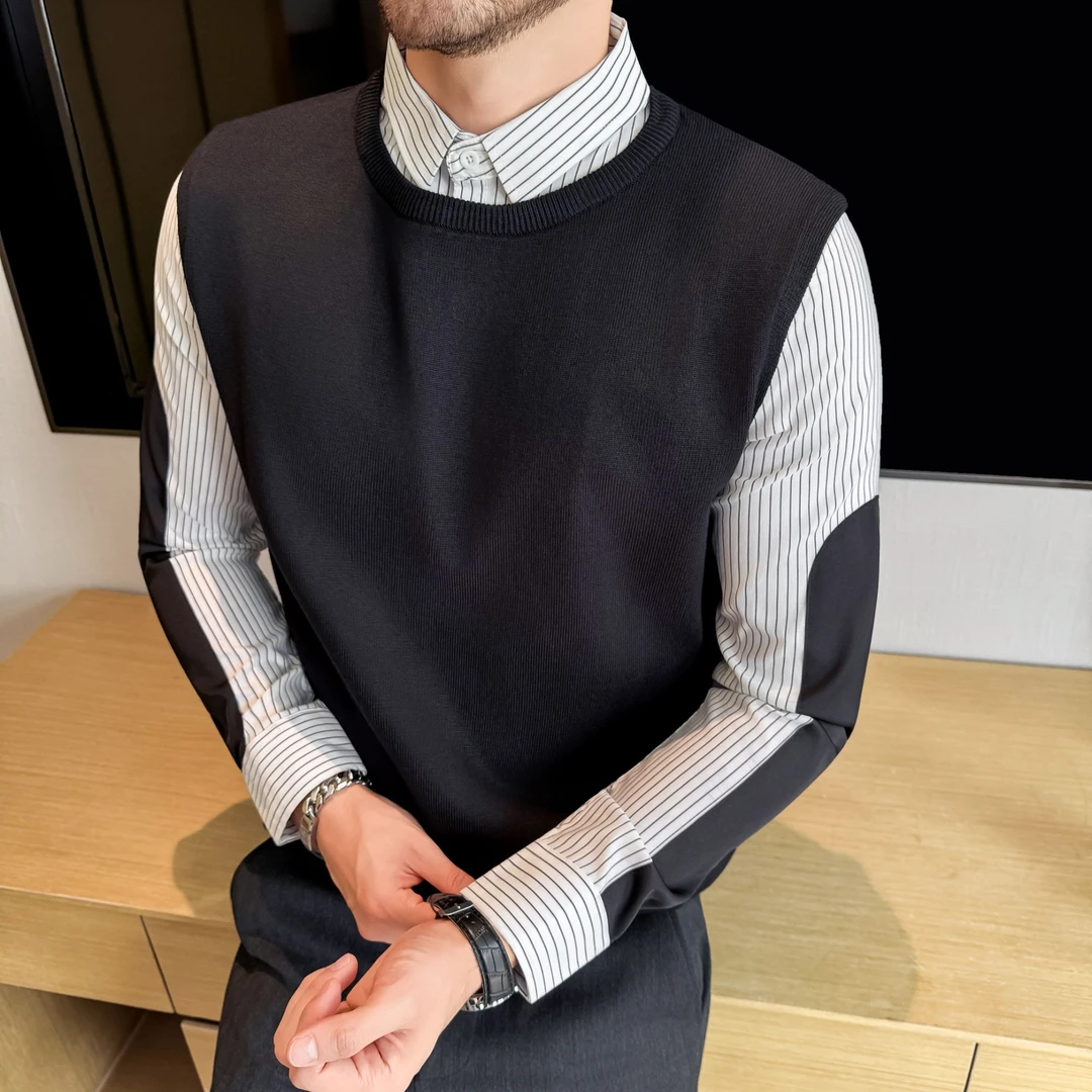 轻奢假两件衬衫领针织衫男长袖设计感休闲拼接条纹上衣修身打底衫