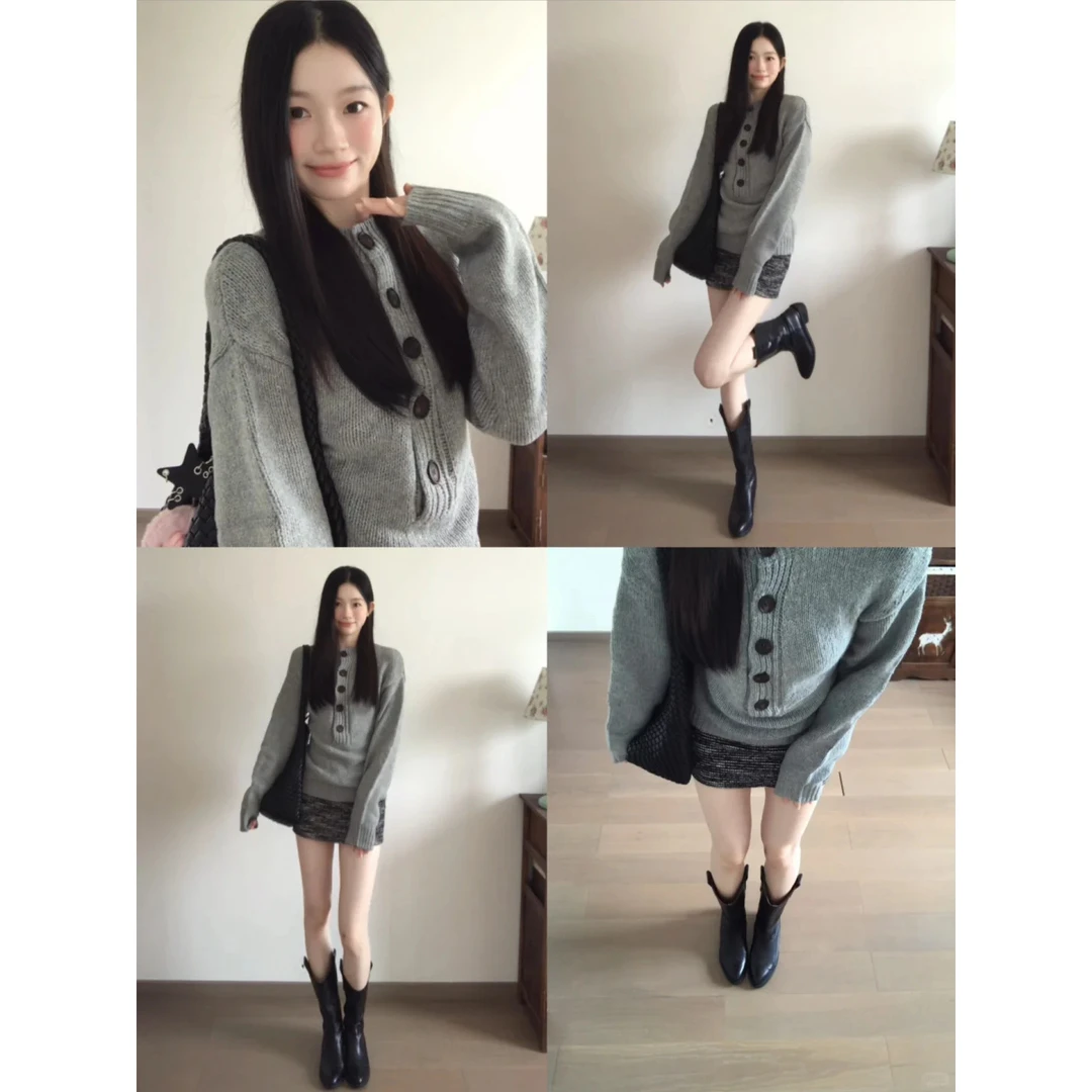 巨好看的早秋季穿搭灰色v领毛衣慵懒高级感针织衫女显瘦a字半身裙