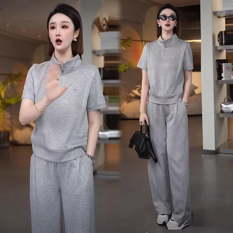 时尚休闲套装女夏季网红洋气炸街减龄显瘦短袖阔腿裤气质两件套潮