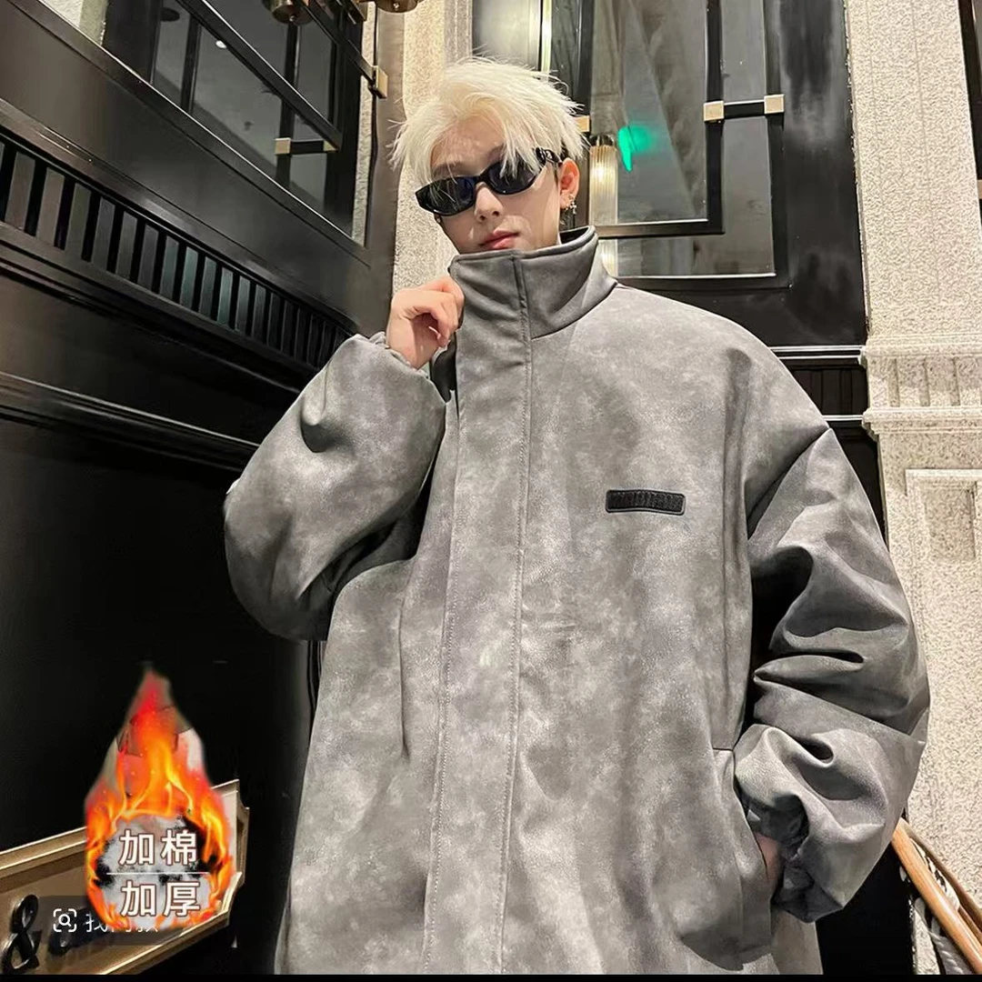 情侣美式复古扎染PU皮棉服男秋冬痞帅潮流棉衣高级感立领二棉外套