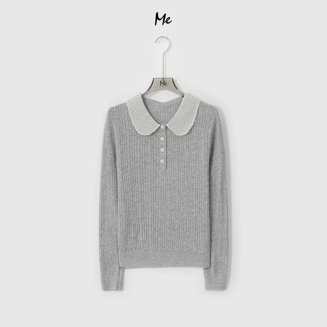 ME【珍珠绞花娃娃衫】绵羊毛混纺手缝贝珠时尚百搭毛衣MESA2623