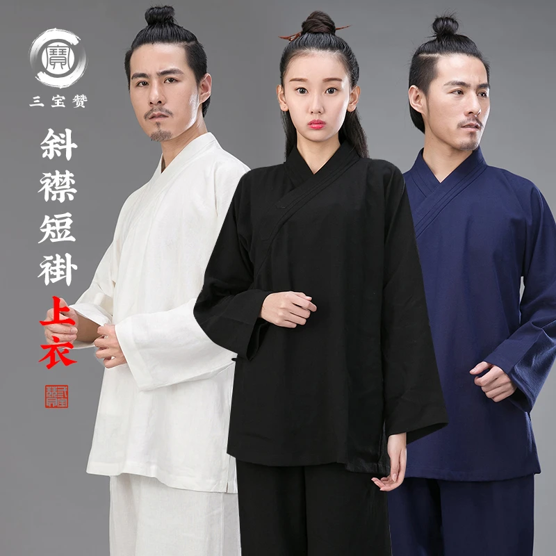 三宝赞植物麻斜襟短褂上衣太极服春夏四季汉服中国风练功服三宝领