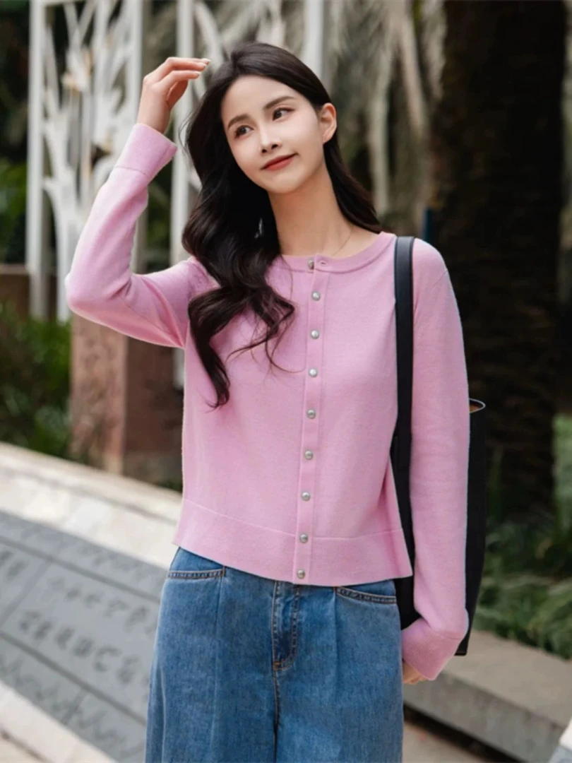 【商场同款】2025春季气质百搭圆领长袖纯色绵羊毛针织开衫毛衣外套