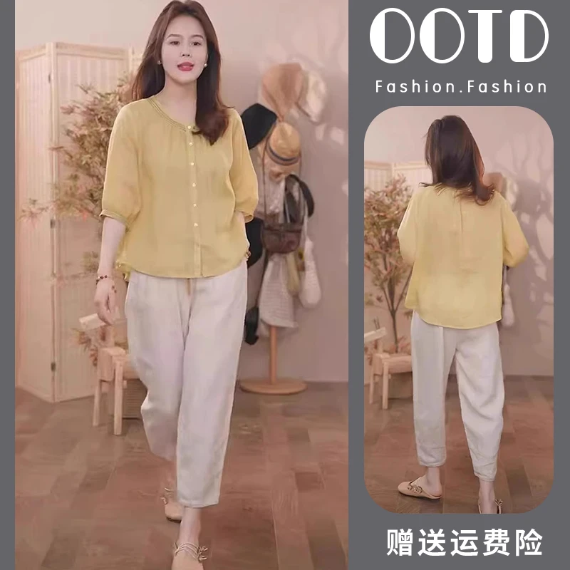 夏装搭配一整套盐系轻熟高级感微胖显瘦亚麻上衣裤子两件套休闲风