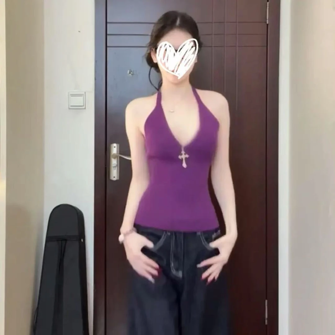 2025夏季性感热辣紫色v领吊带背心外穿挂脖设计感背心