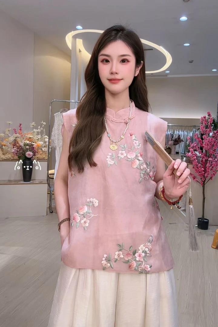 高端新中式国风立领斜门襟扣小众衬衫小众高级感重工刺绣马甲