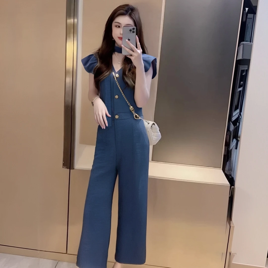 B【送腰带】牛仔连体裤2025夏季新款时尚飞飞袖直筒阔腿长裤潮D1311