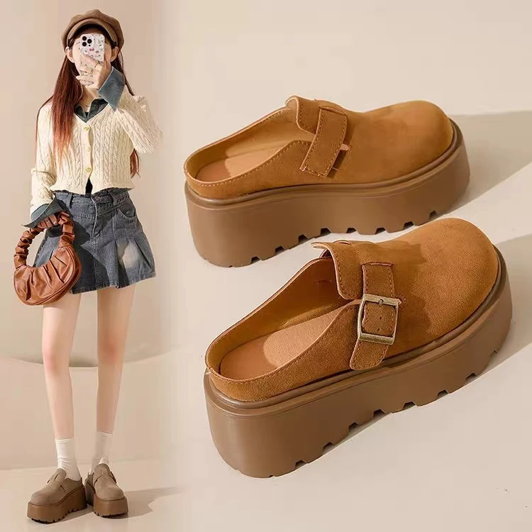 复古包头半拖女外穿2025春季新款韩版百搭懒人厚底松糕高跟拖鞋女