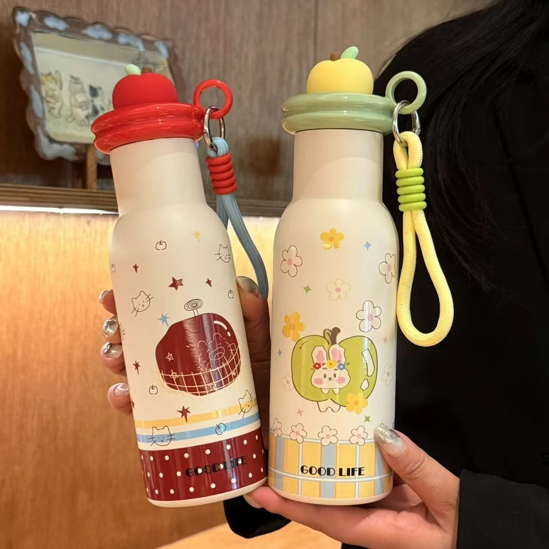 新款高颜值手拎杯保温杯便携水杯可爱直饮苹果少女心带盖