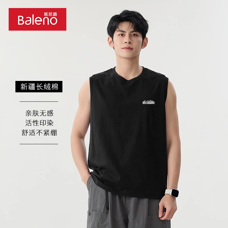 班尼路无袖背心男款夏季黑色全棉100%纯棉T恤民族风山系印花潮PCB