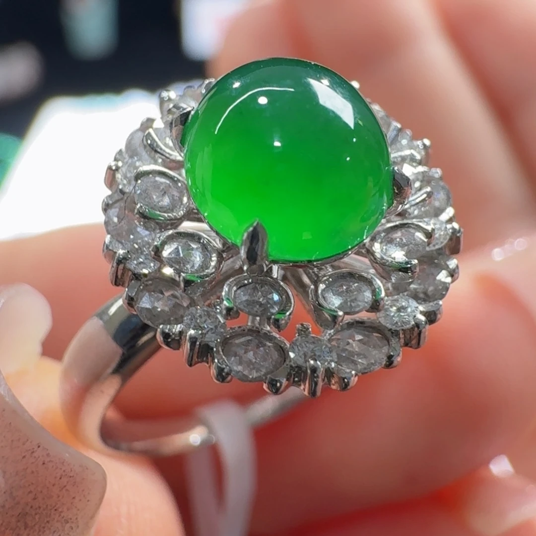 18K金镶嵌手串翡翠绿汪汪！巨巨漏！高冰阳绿戒指卡7王炸！