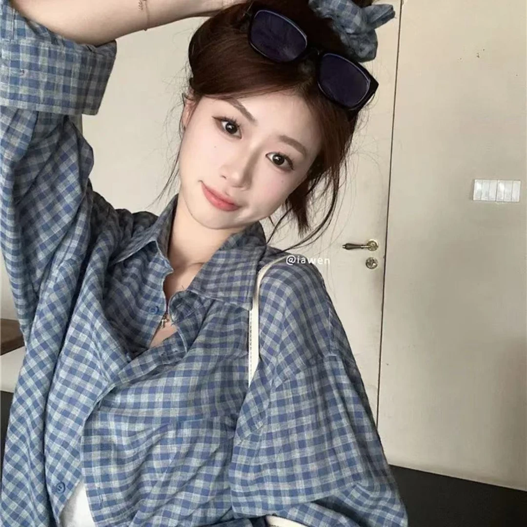 格子衬衫外套女夏季2025新款甜美宽松衬衣长袖休闲上衣赠送头花