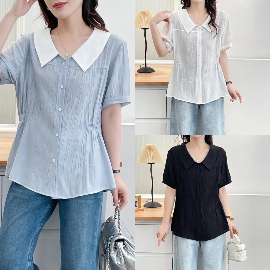 JIANAOBEN/简澳本大码洋气显瘦宽松减龄翻领上衣收腰薄款短袖衬衫