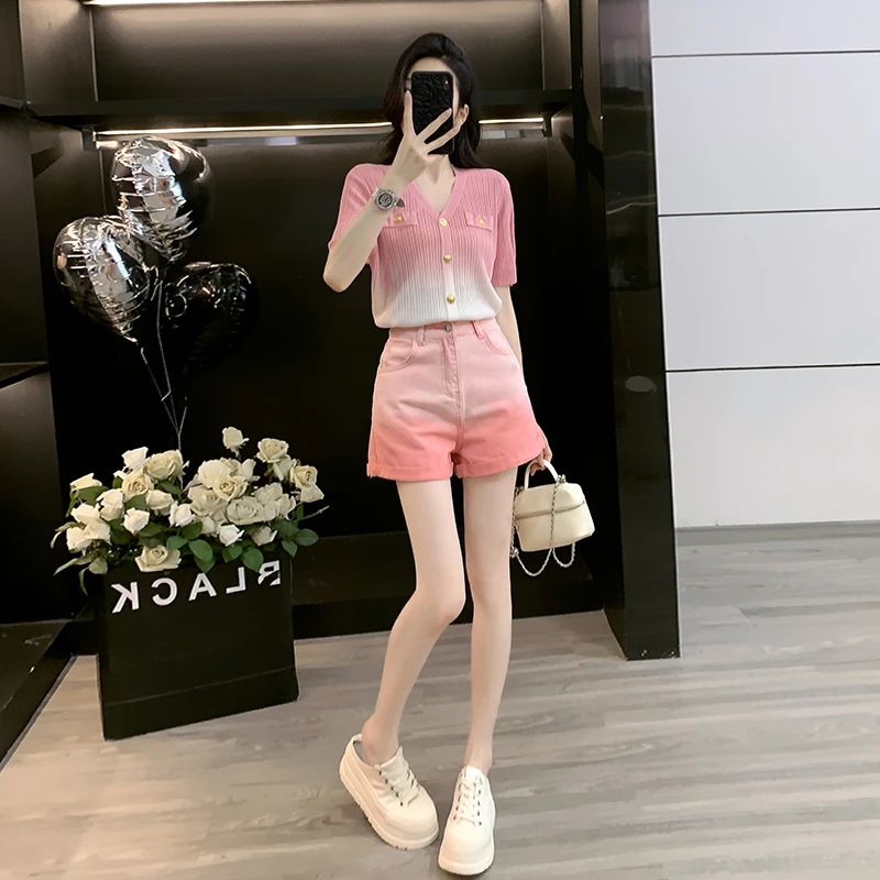 夏季新款针织短袖开衫t恤冰丝上衣渐变色牛仔短裤a字阔腿四分热裤