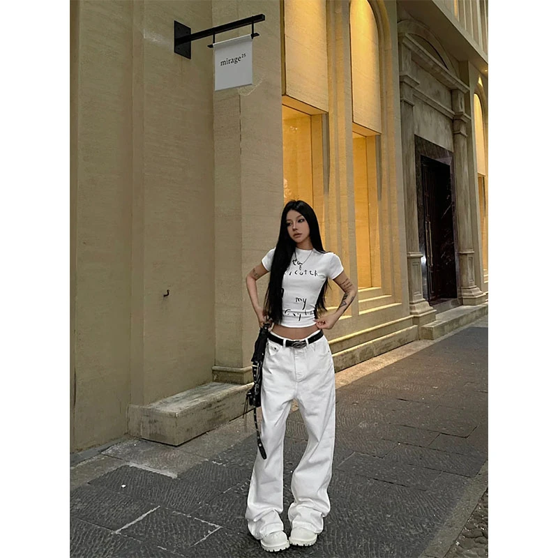 夏季字母印花T恤小众设计感修身显瘦上衣穿搭休闲简约时尚长裤女