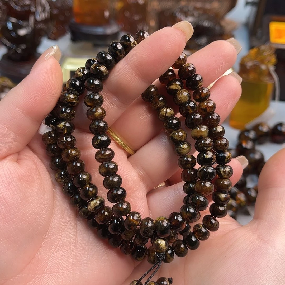 琥珀手链未镶嵌抚顺琥珀8+黑花108